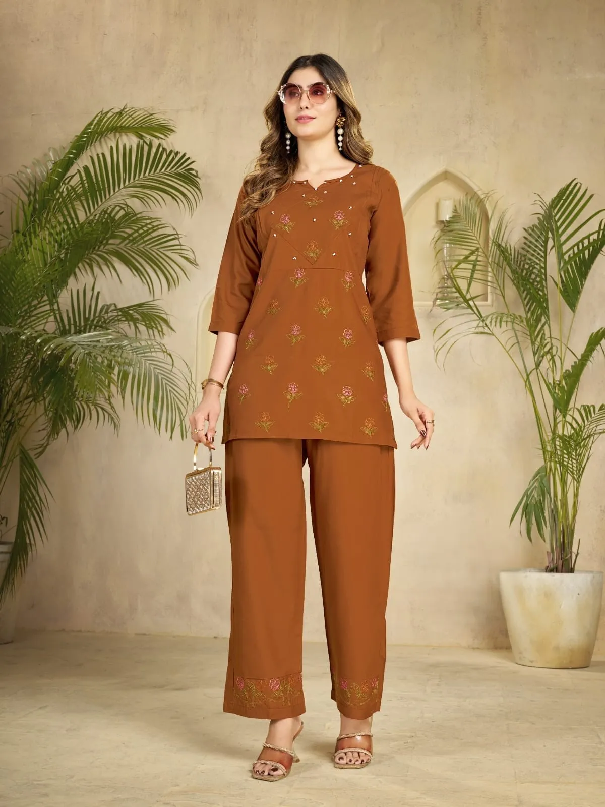 Multi Embroidery Co ords Set - Olive Green